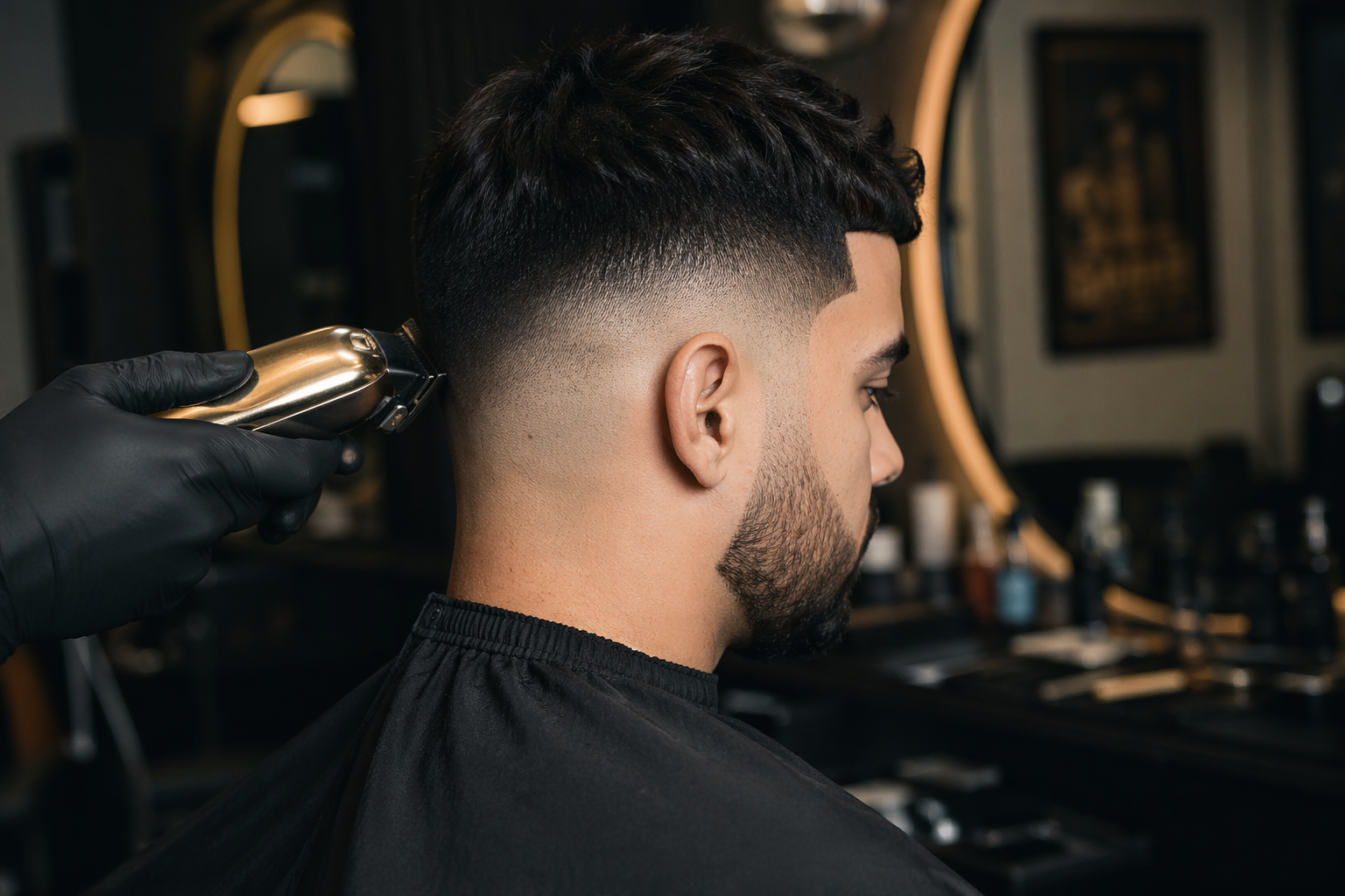Barber werkt aan een strakke fade in een luxe barbershop